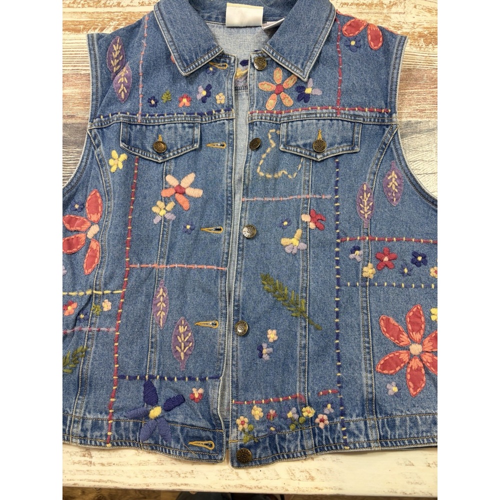 Susan Bristol Vintage Floral Embroidered Denim Vest Cottagecore XL Blue